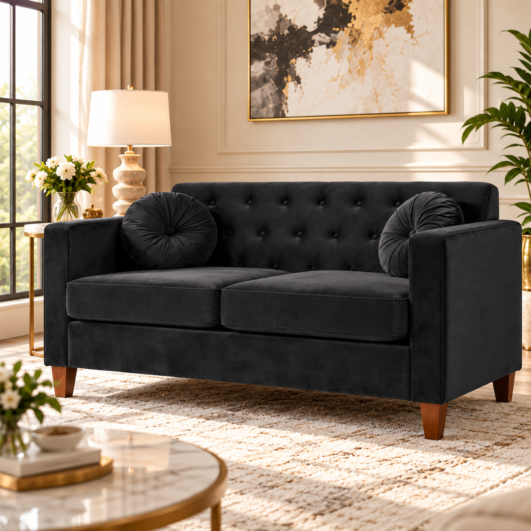 Wooden Twist Velvet Square Arm Loveseat 2 Seater Sofa Black – Living Room Setting
