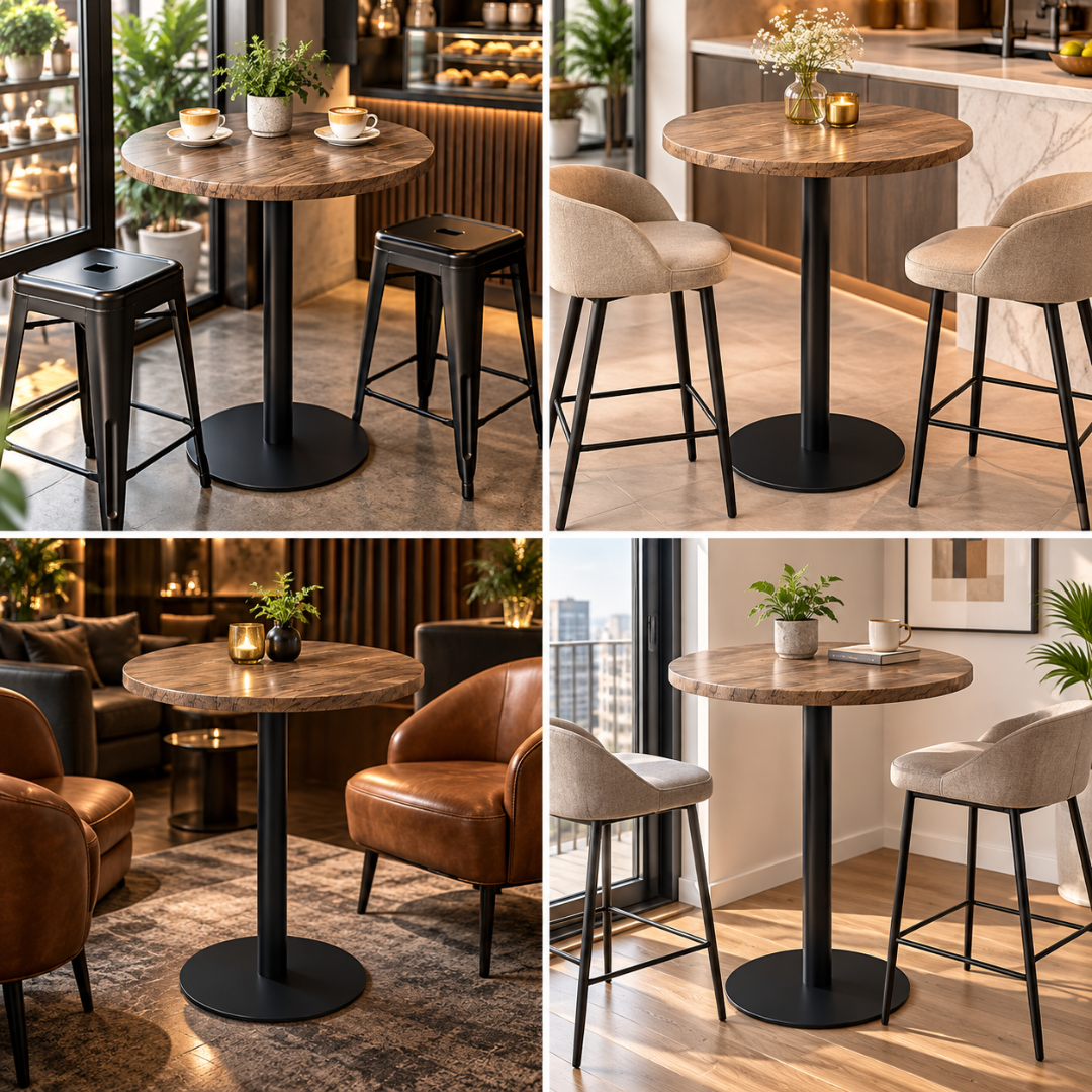 Wooden Twist Vintora Round Bar Table – styled in a cafe, kitchen, lounge and city apartment with bar stools
