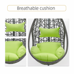 Green cushion on a hanging chair with text 'Breathable cushion' above it.
