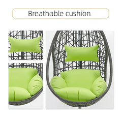 Green cushion on a hanging chair with text 'Breathable cushion' above it.