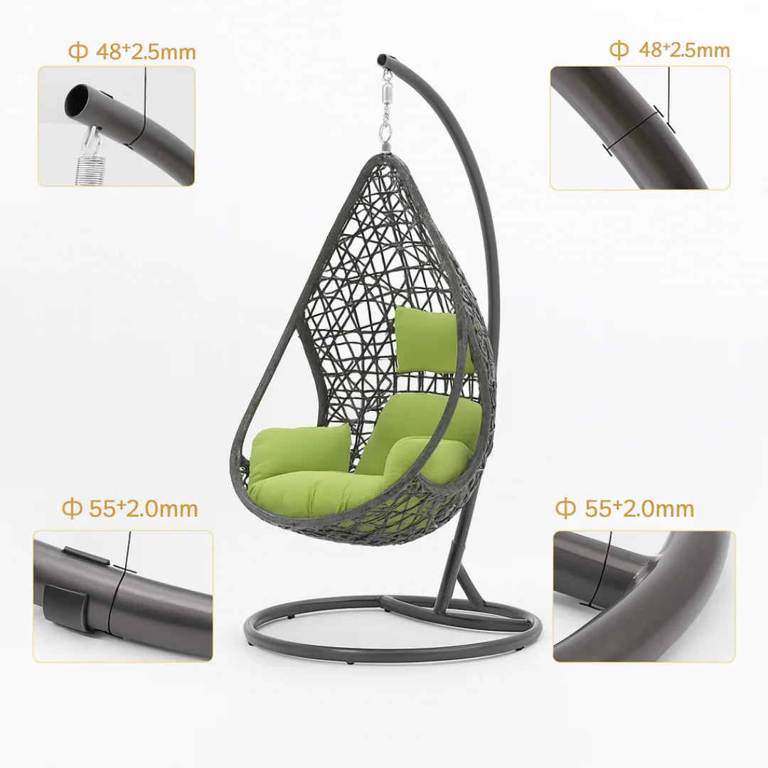 Hanging chair with green cushions and detailed measurements on a white background