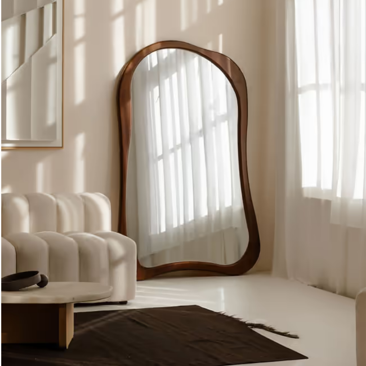 Wavy Solid Wood Floor Mirror Walnut Finish - lifestyle view against neutral wall