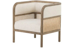 Wooden Twist Teak Wood Single Seater Sofa with Curved Framing and Natural Cane Paneling - Plush Seating in Soft Fabric (Cream) - Wooden Twist UAE