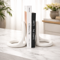 Wooden Twist White Resin Loop Decorative Bookends Modern Sculptural Book Ends for Home & Office Décor Minimalist Tabletop Book Holder