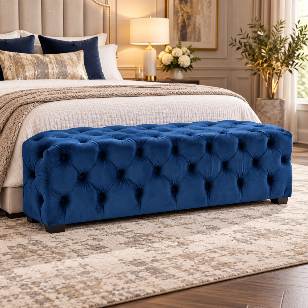 Wooden Twist wide tufted velvet bench in navy blue – lifestyle view at the foot of a bed