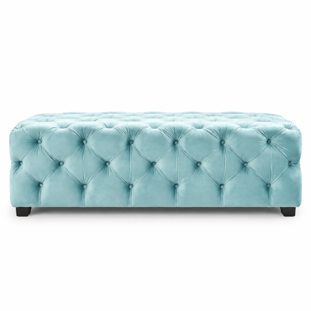 Wooden Twist sky blue tufted velvet bench – front view on white background