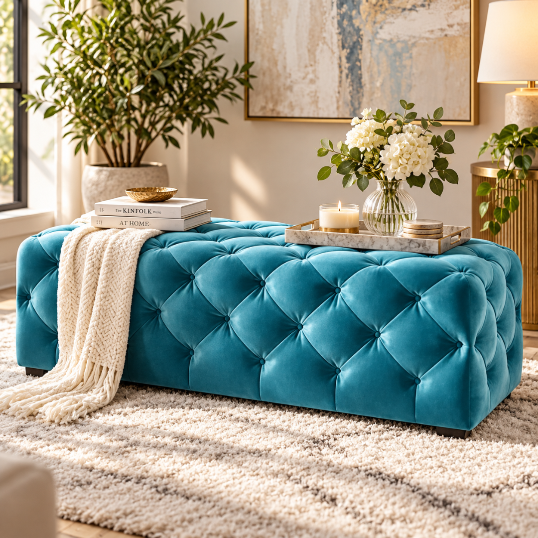 Wooden Twist blue tufted velvet bench with throw – lifestyle view in living room