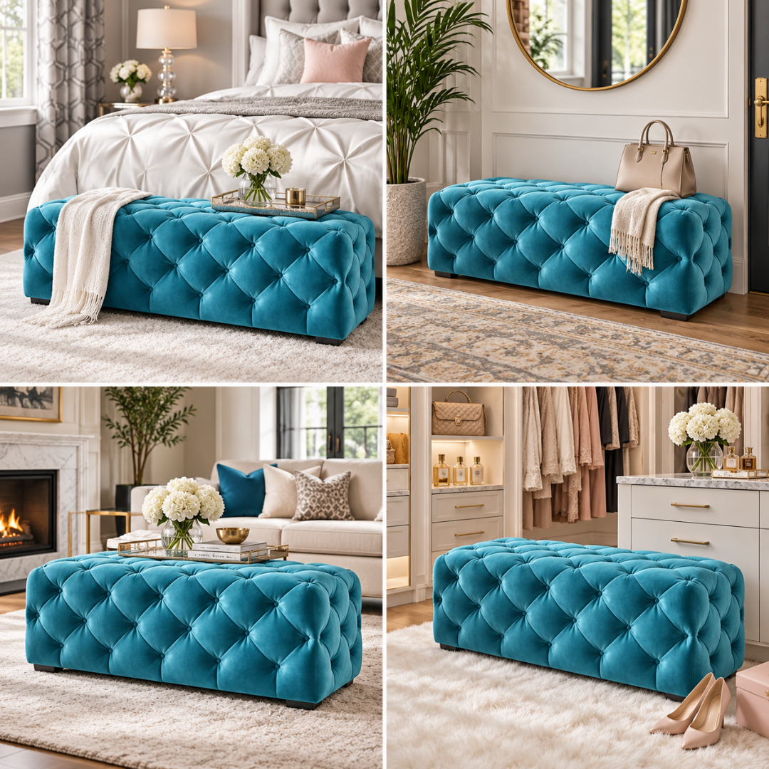 Wooden Twist blue tufted bench – styled in bedroom, entryway, living room and dressing area