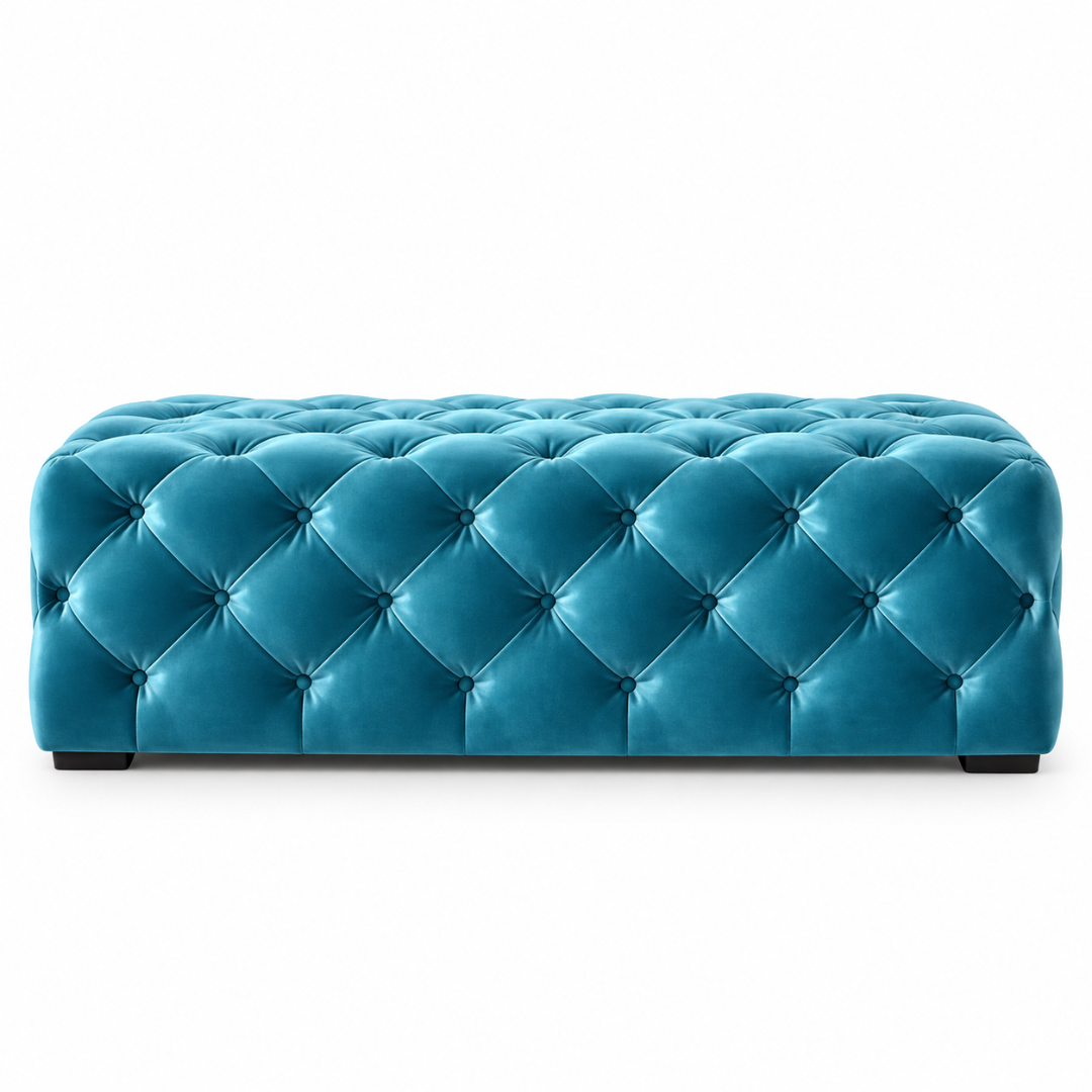 Wooden Twist blue tufted velvet bench – front view on white background