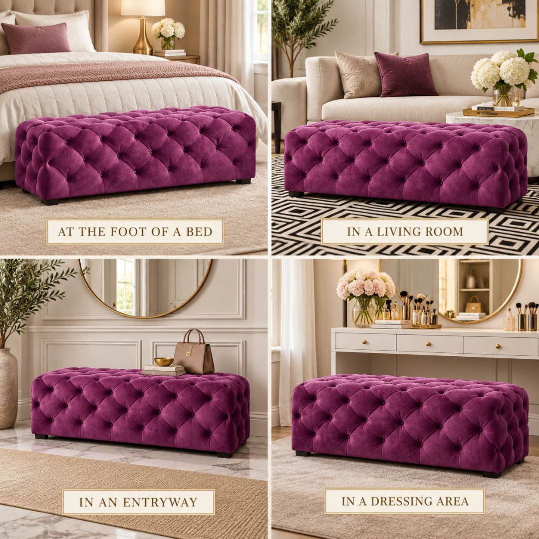 Wooden Twist wine tufted bench – at the foot of a bed, in a living room, entryway and dressing area
