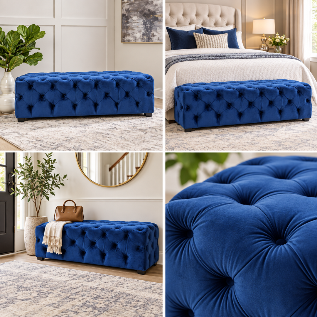 Wooden Twist navy blue tufted bench – styled in living room, bedroom and entryway with tufting close-up