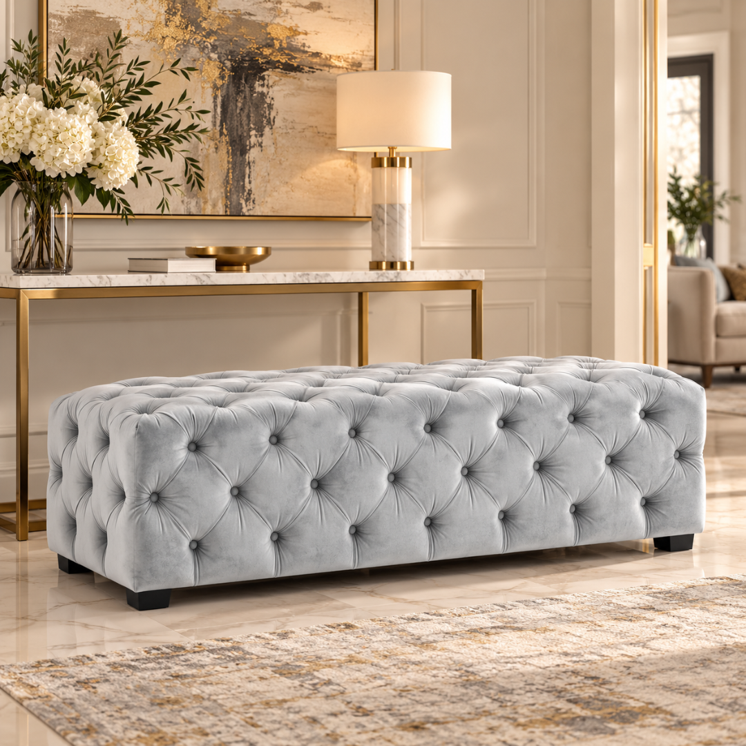 Wooden Twist wide tufted velvet bench in light grey – lifestyle view in living room