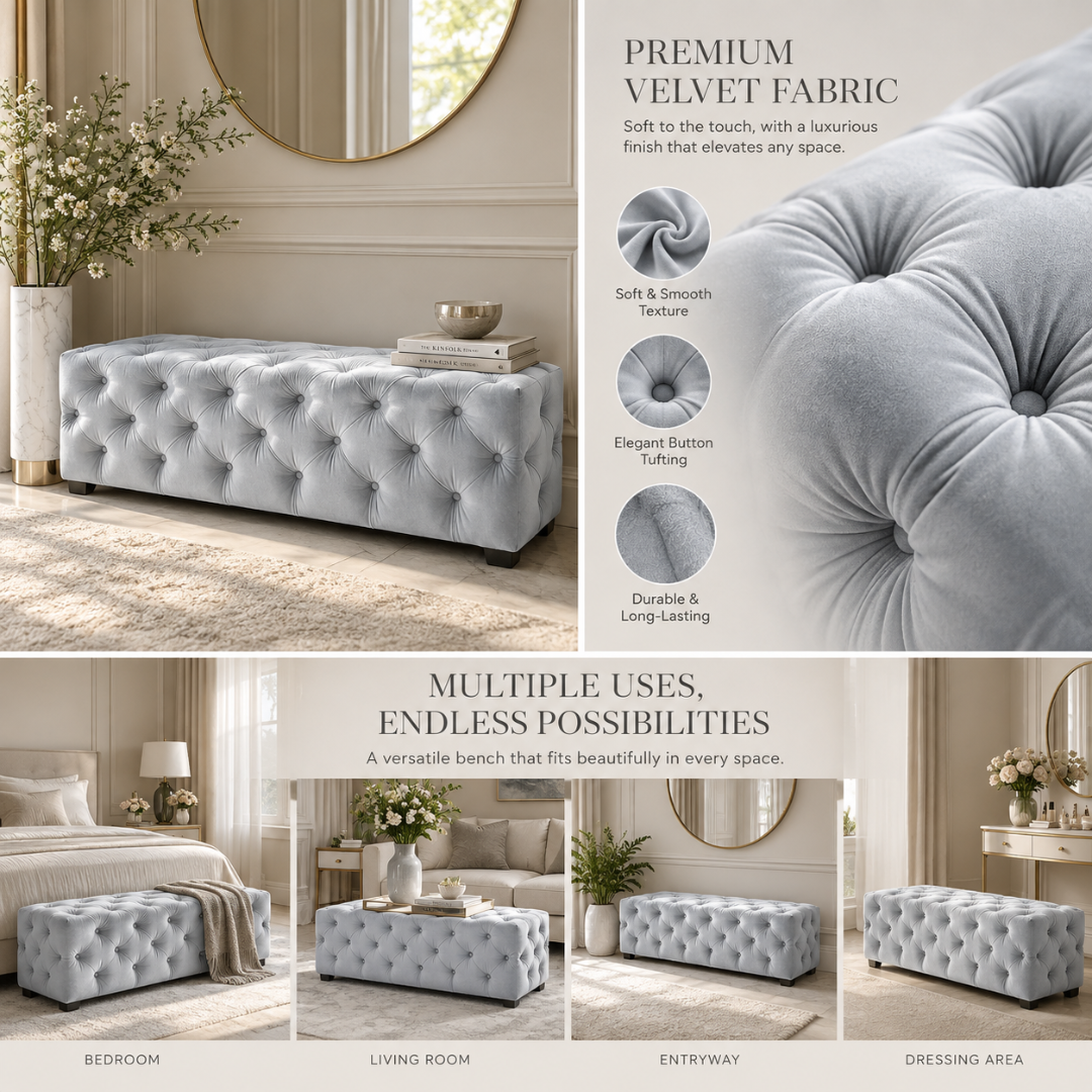 Wooden Twist light grey tufted bench – premium velvet fabric and multiple uses infographic
