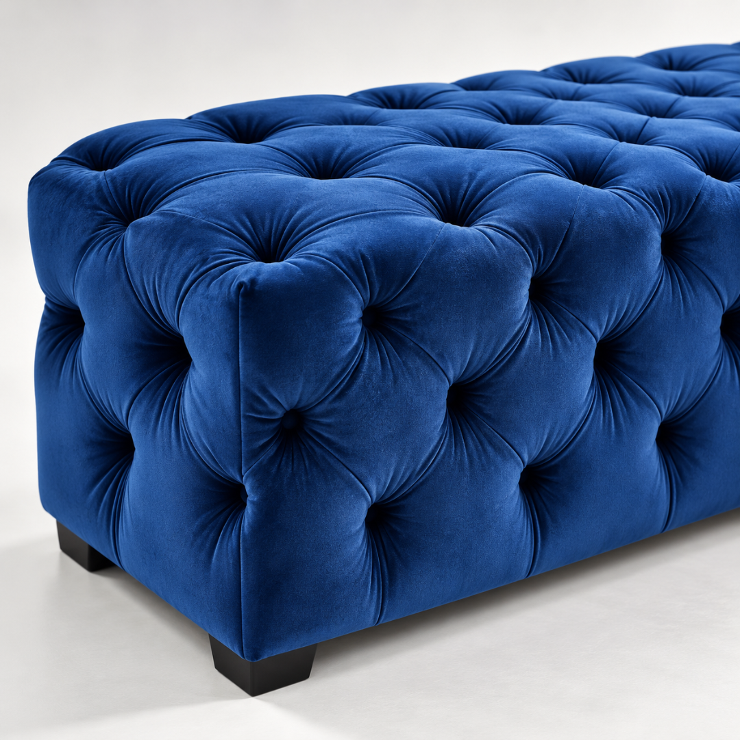 Wooden Twist navy blue tufted velvet bench – close-up of deep button tufting and corner