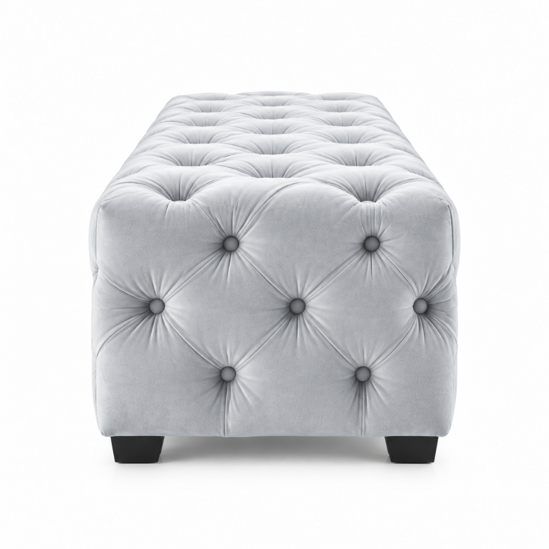 Wooden Twist light grey tufted velvet bench – end view on white background