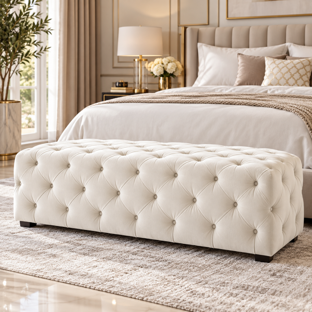Wooden Twist wide tufted velvet bench in white – lifestyle view at the foot of a bed