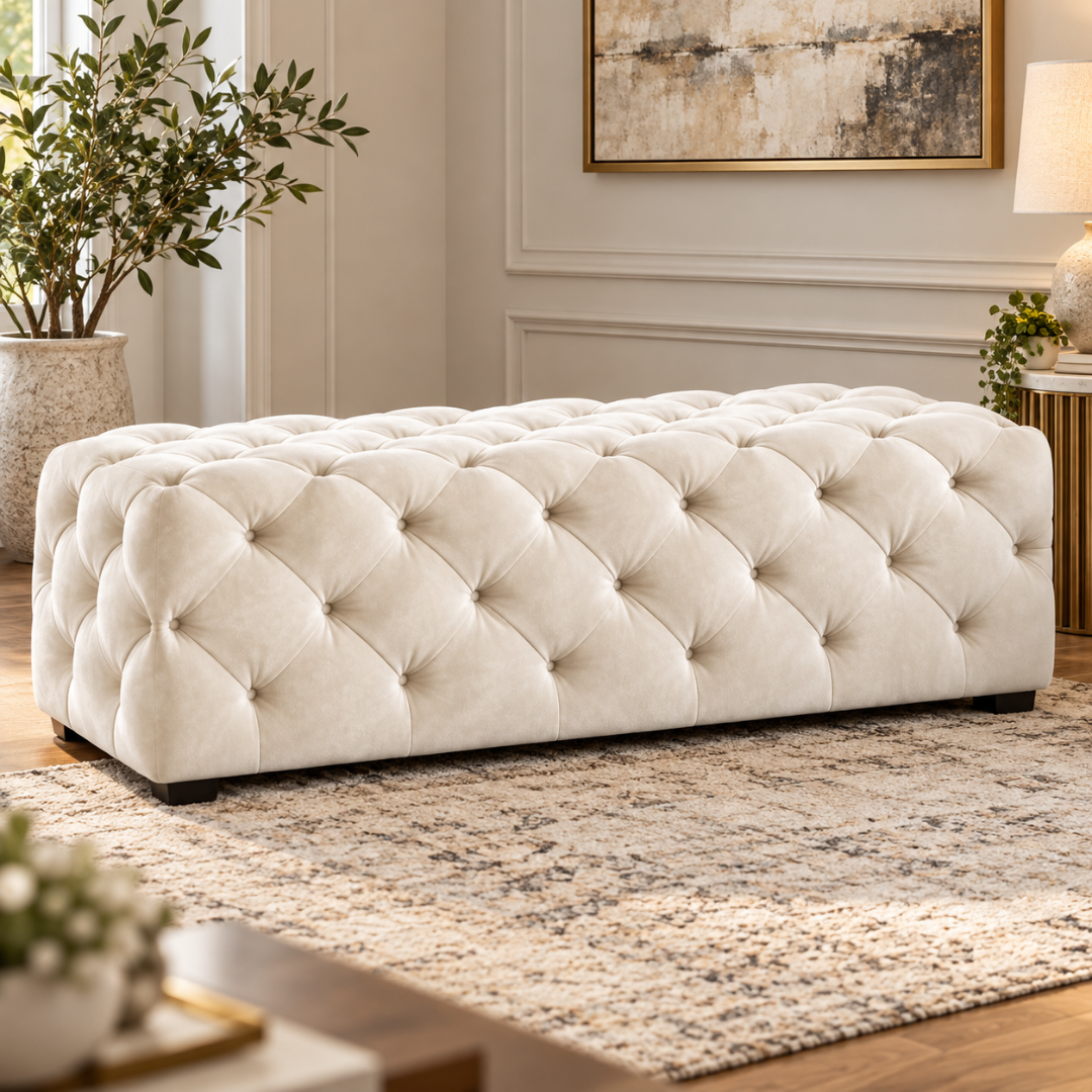 Wooden Twist white tufted velvet bench – lifestyle view in living room