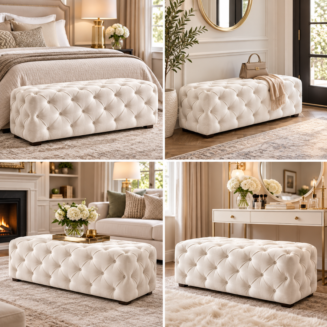 Wooden Twist white tufted bench – styled in bedroom, entryway, living room and dressing area