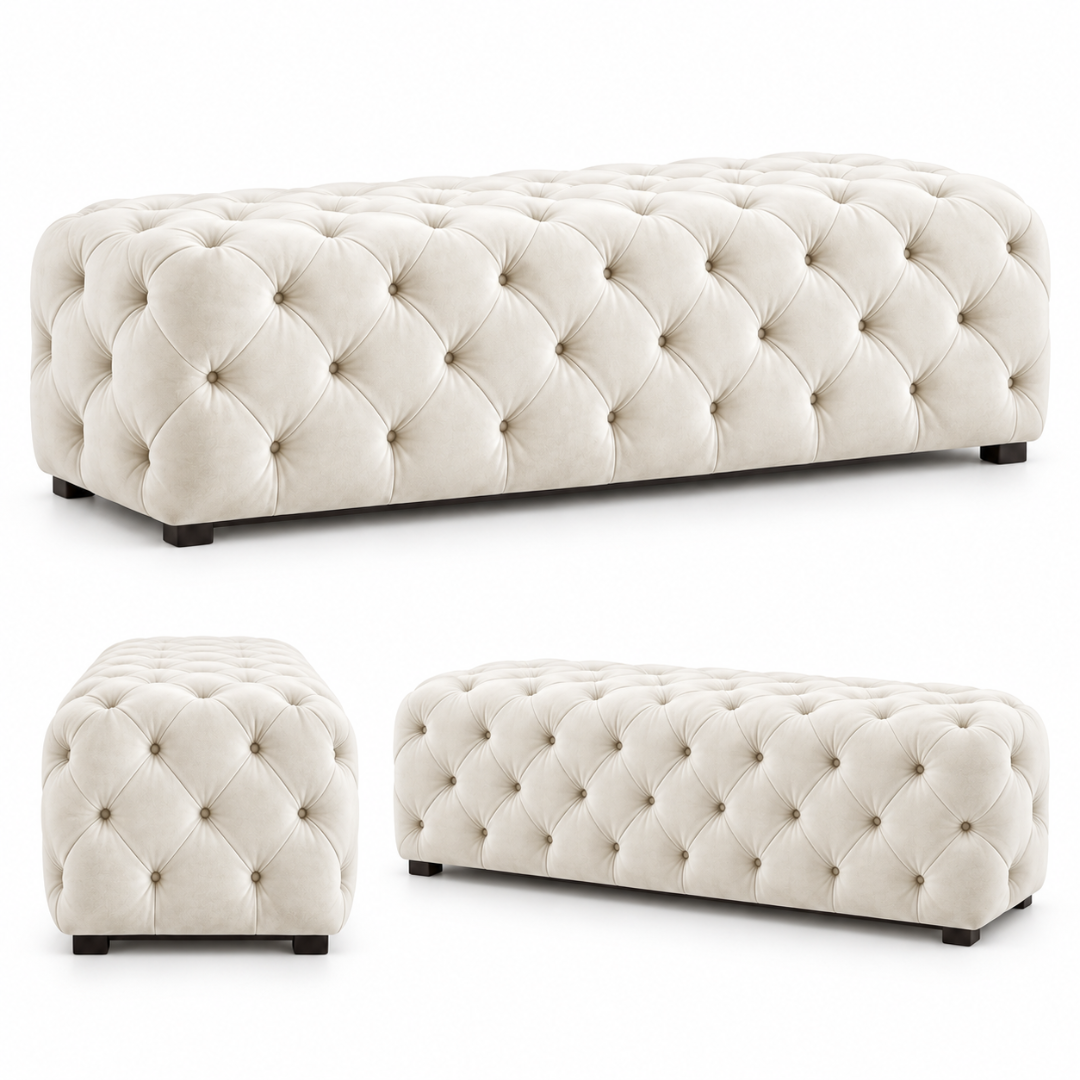 Wooden Twist white tufted velvet bench – front, side and angled views on white background