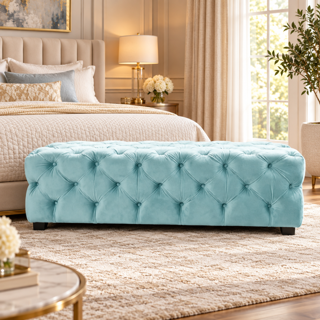 Wooden Twist wide tufted velvet bench in sky blue – lifestyle view at the foot of a bed
