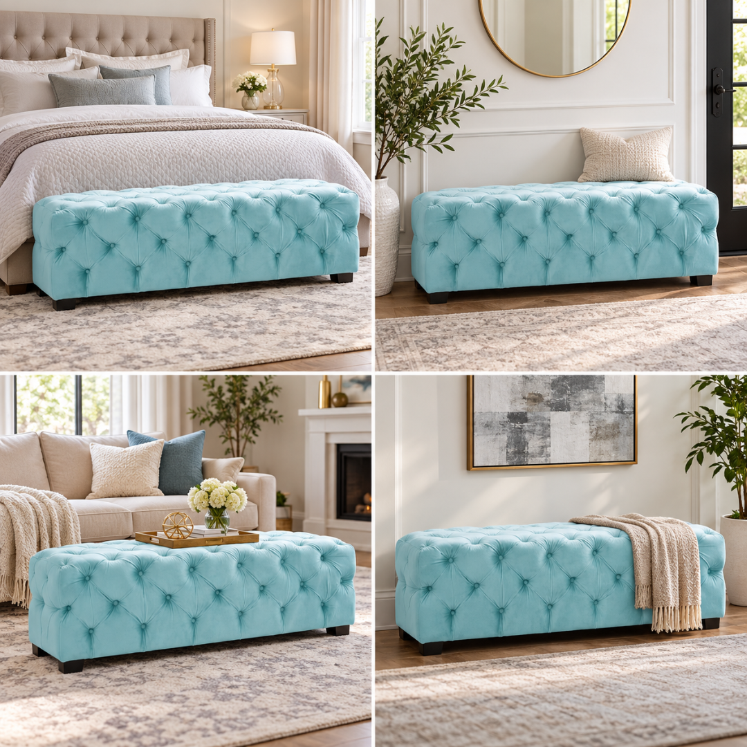 Wooden Twist sky blue tufted bench – styled in bedroom, entryway and living room