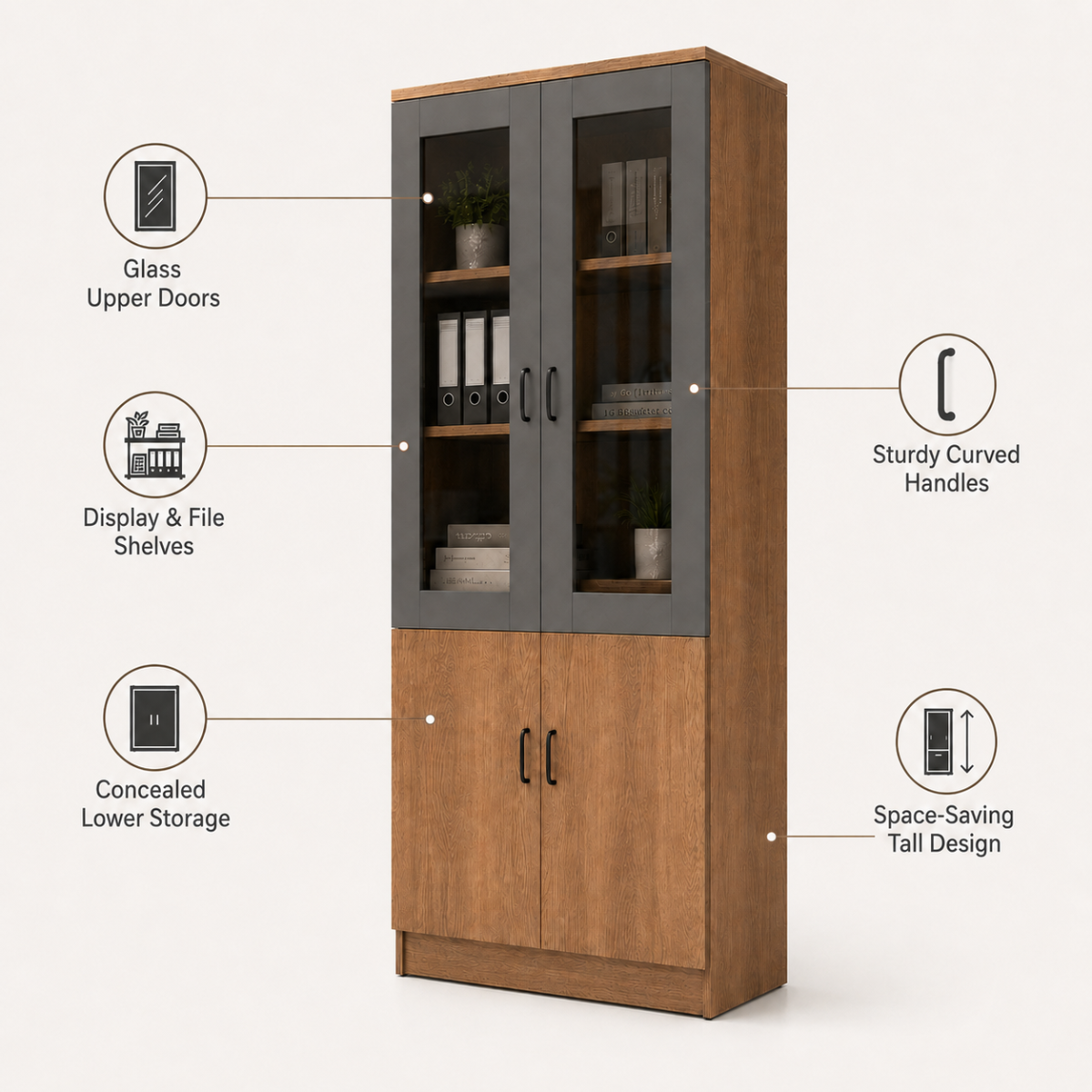 infographic highlighting glass upper doors, display and file shelves, sturdy curved handles, concealed lower storage, and space-saving tall design
