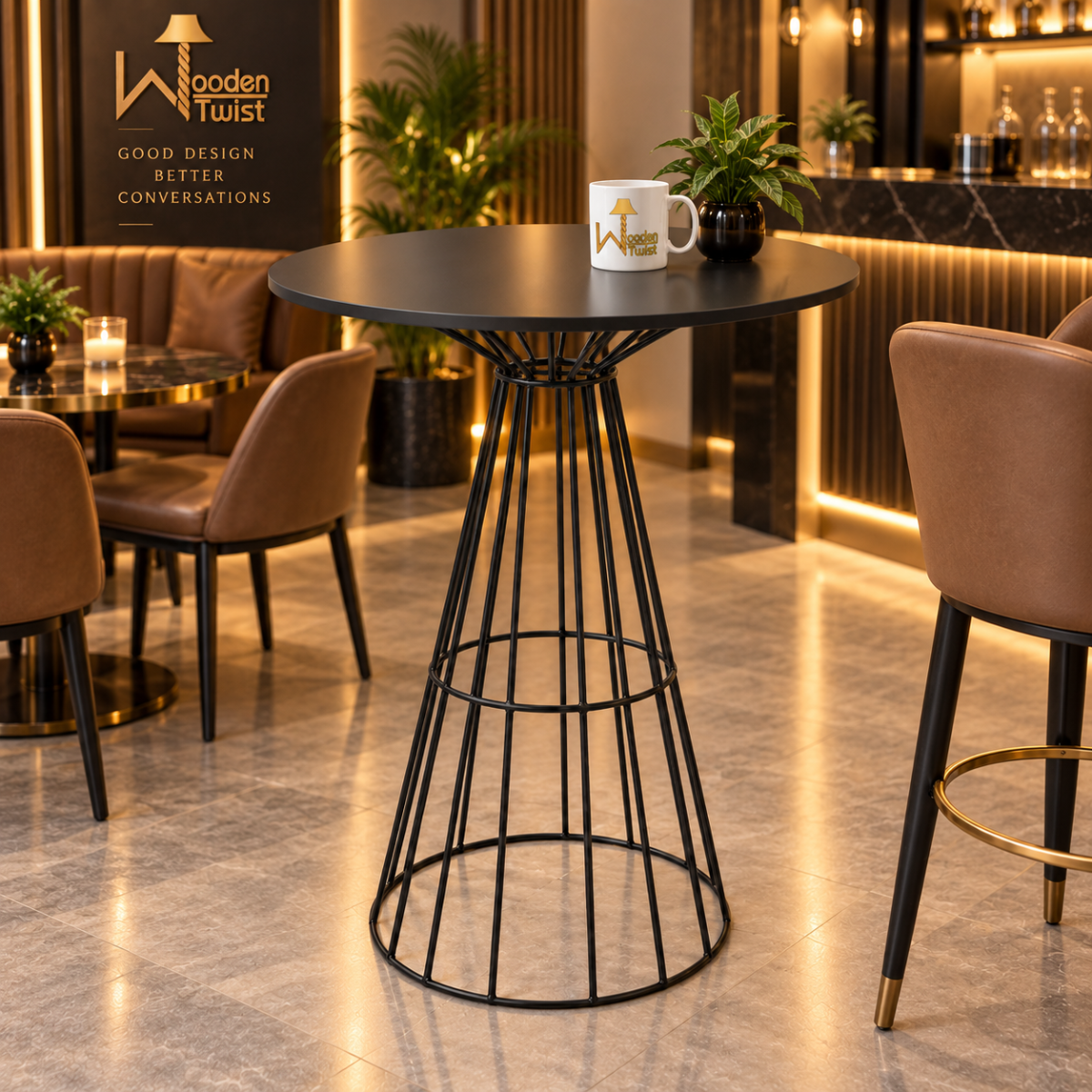 AeroCage Round Bar Table - angled front view with coffee mug and potted plant, bar shelving behind