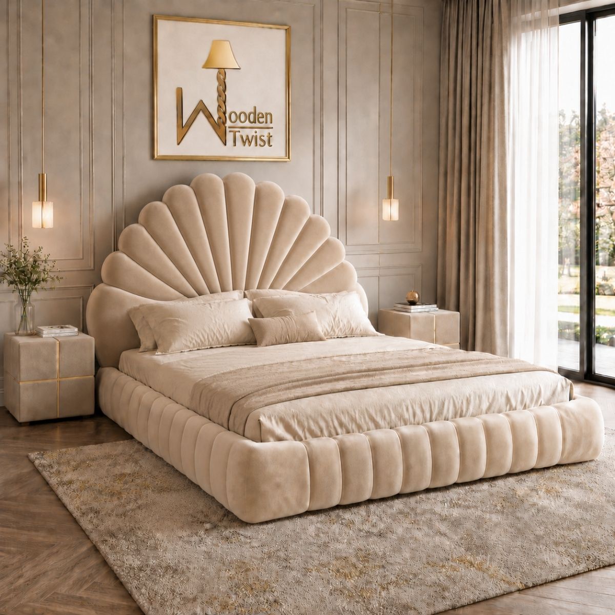 Amara Shell Luxe Beige Velvet Upholstered Bed