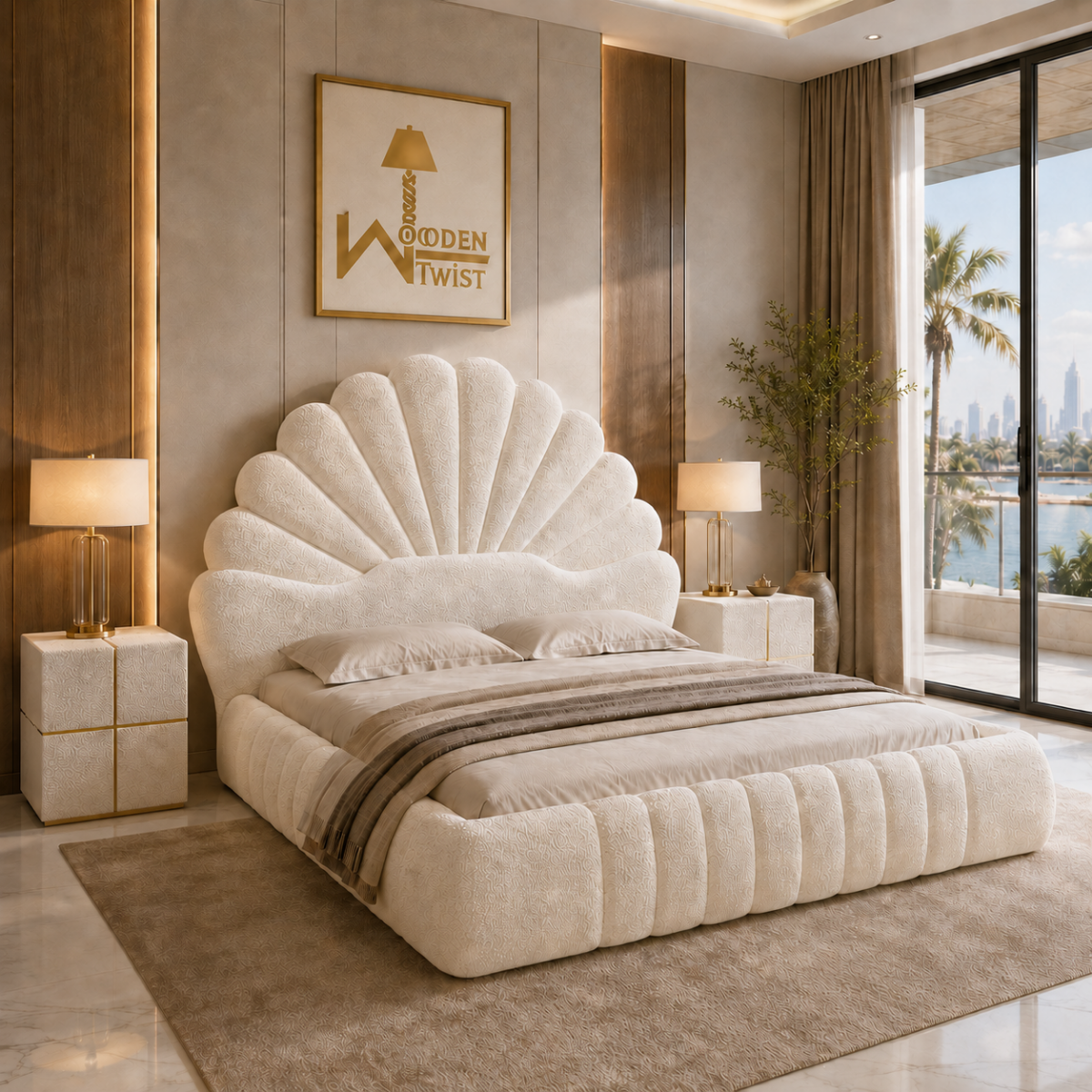 Amara Shell Luxe Off White Velvet Upholstered Bed