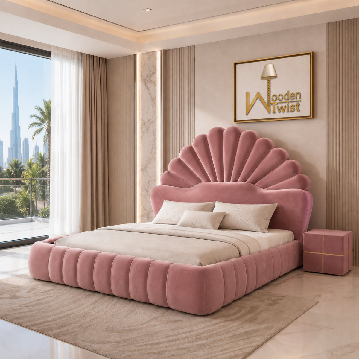 Amara Shell Luxe Pink Velvet Upholstered Bed