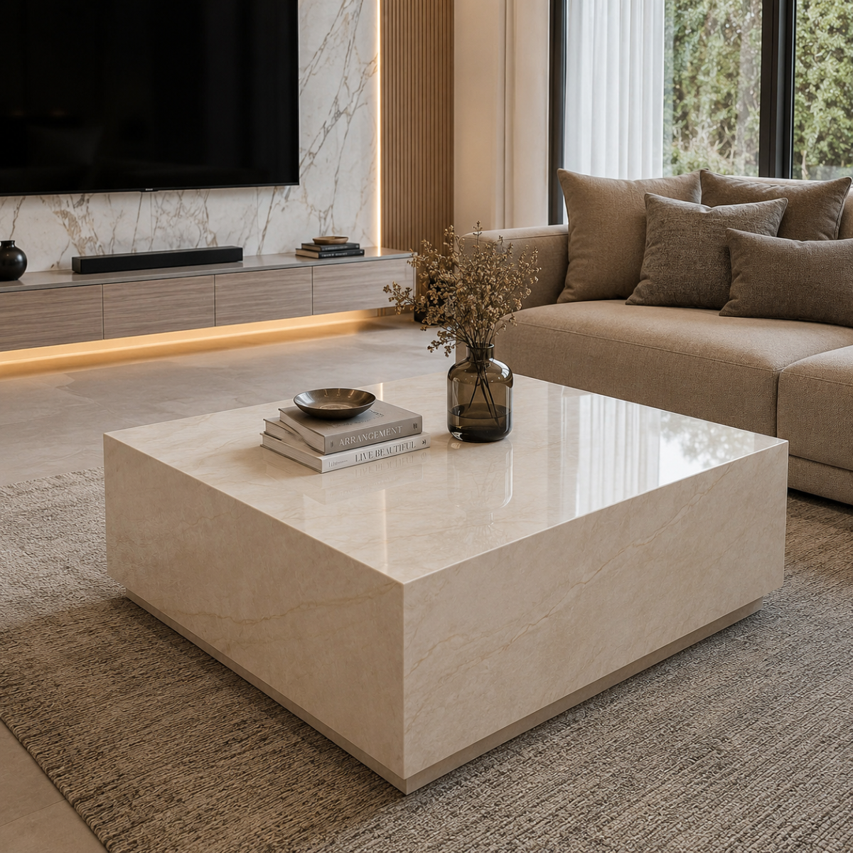Wooden Twist Cream Marble Block Coffee Table, 100x100x40cm, Minimalist Square Design