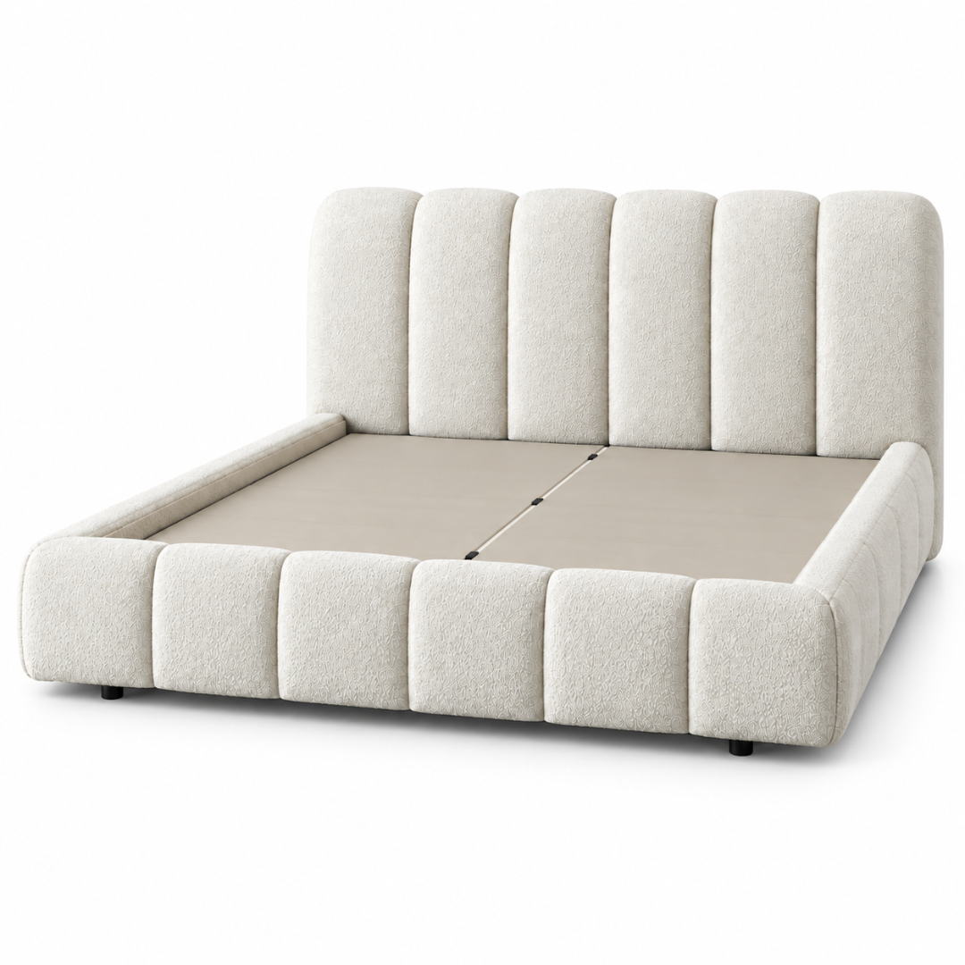 Wooden Twist Awf Tufted Boucle Bed White – Platform Base Angle View