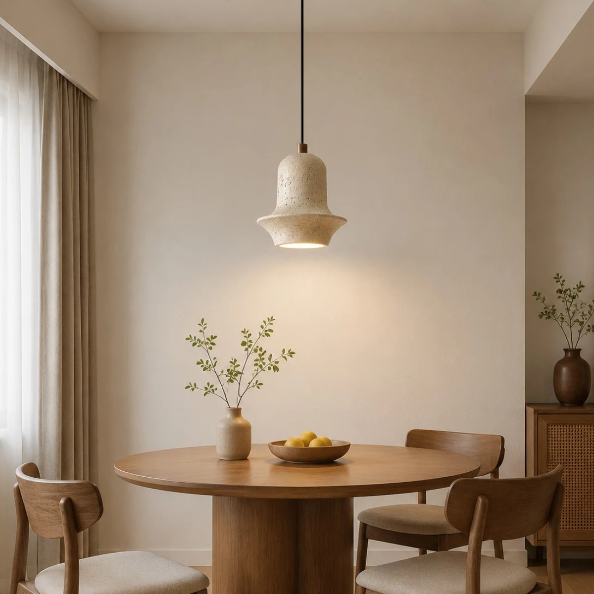 Bellora Sculpted Travertine Pendant Light - lifestyle above a round dining table