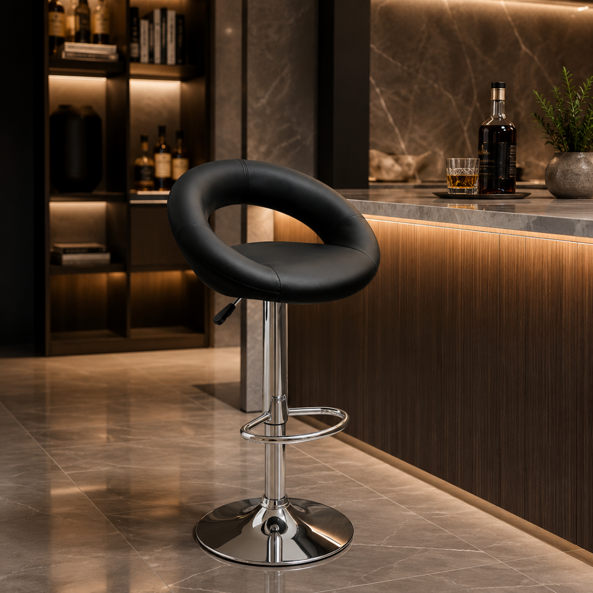 Wooden Twist Luxury Adjustable Height Bar Stool with Curved Wraparound PU Leather Backrest & Chrome Base