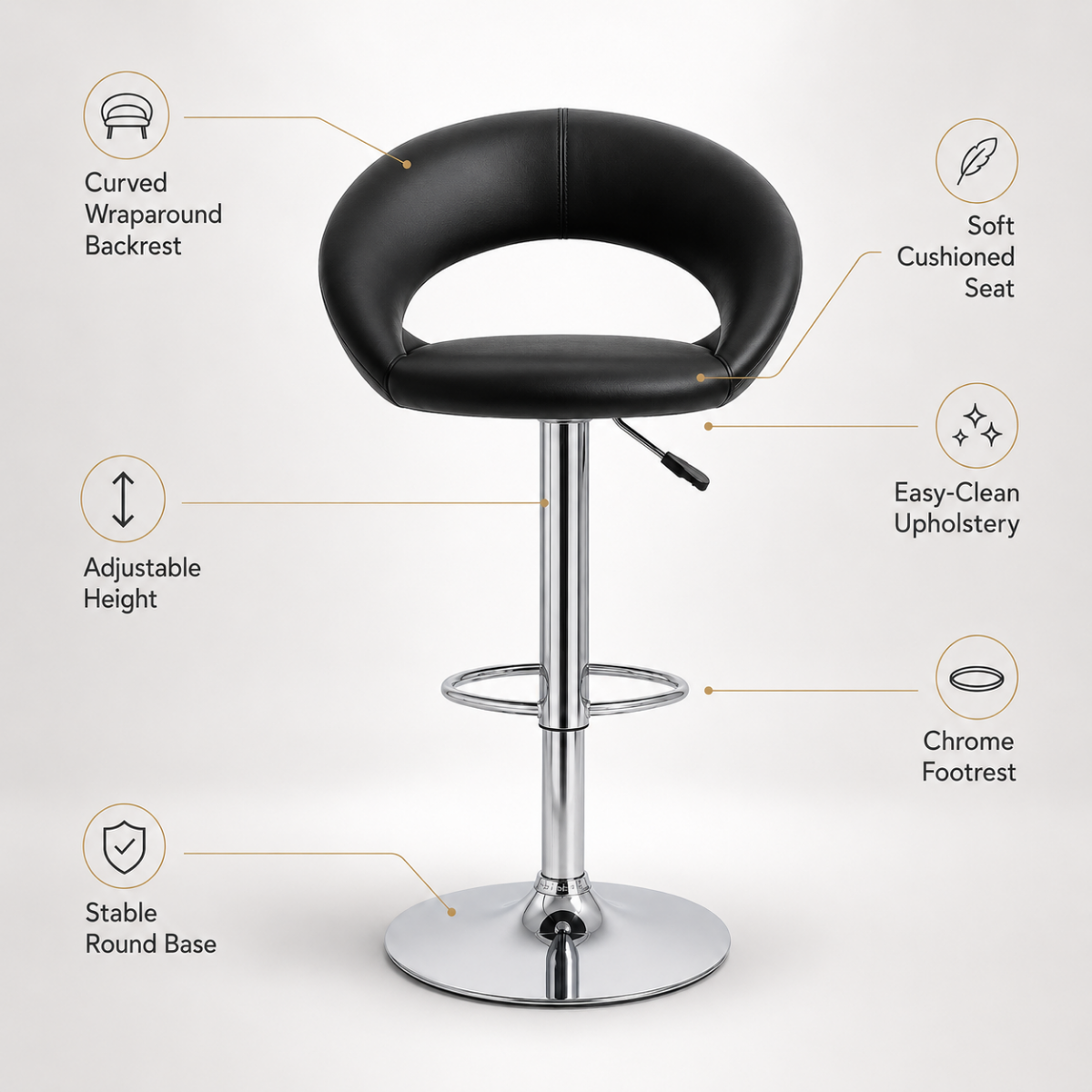 Wooden Twist Luxury Adjustable Height Bar Stool with Curved Wraparound PU Leather Backrest & Chrome Base
