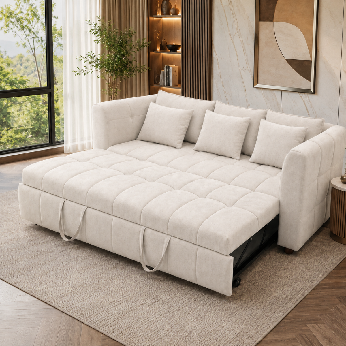 Wooden Twist Bliss Bouclé Convertible Sofa Bed with Pull-Out Sleeper | Deep Tufted Comfort | Living Room & Guest Room