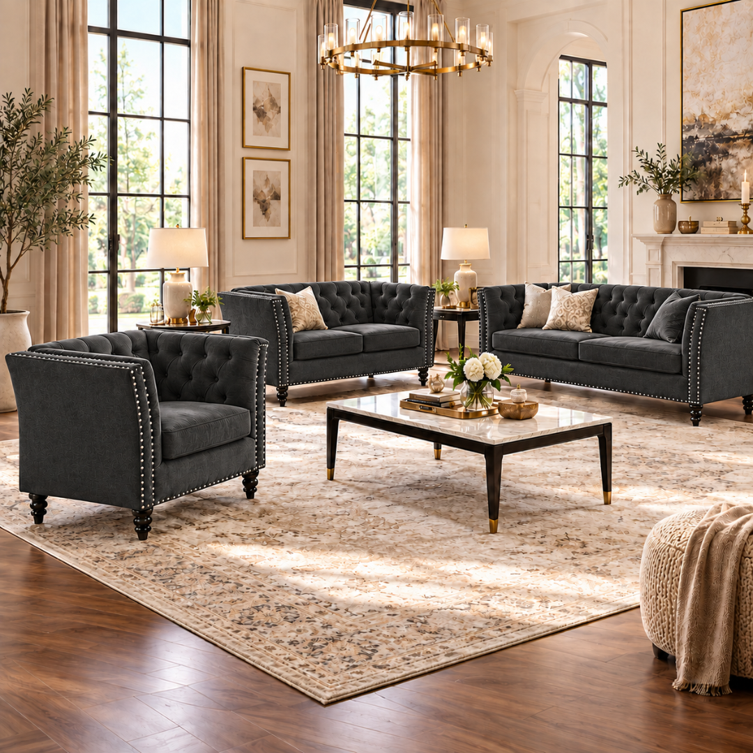 Wooden Twist Destro Chesterfield Sofa Set 3+2+1 Dark Grey – Living Room