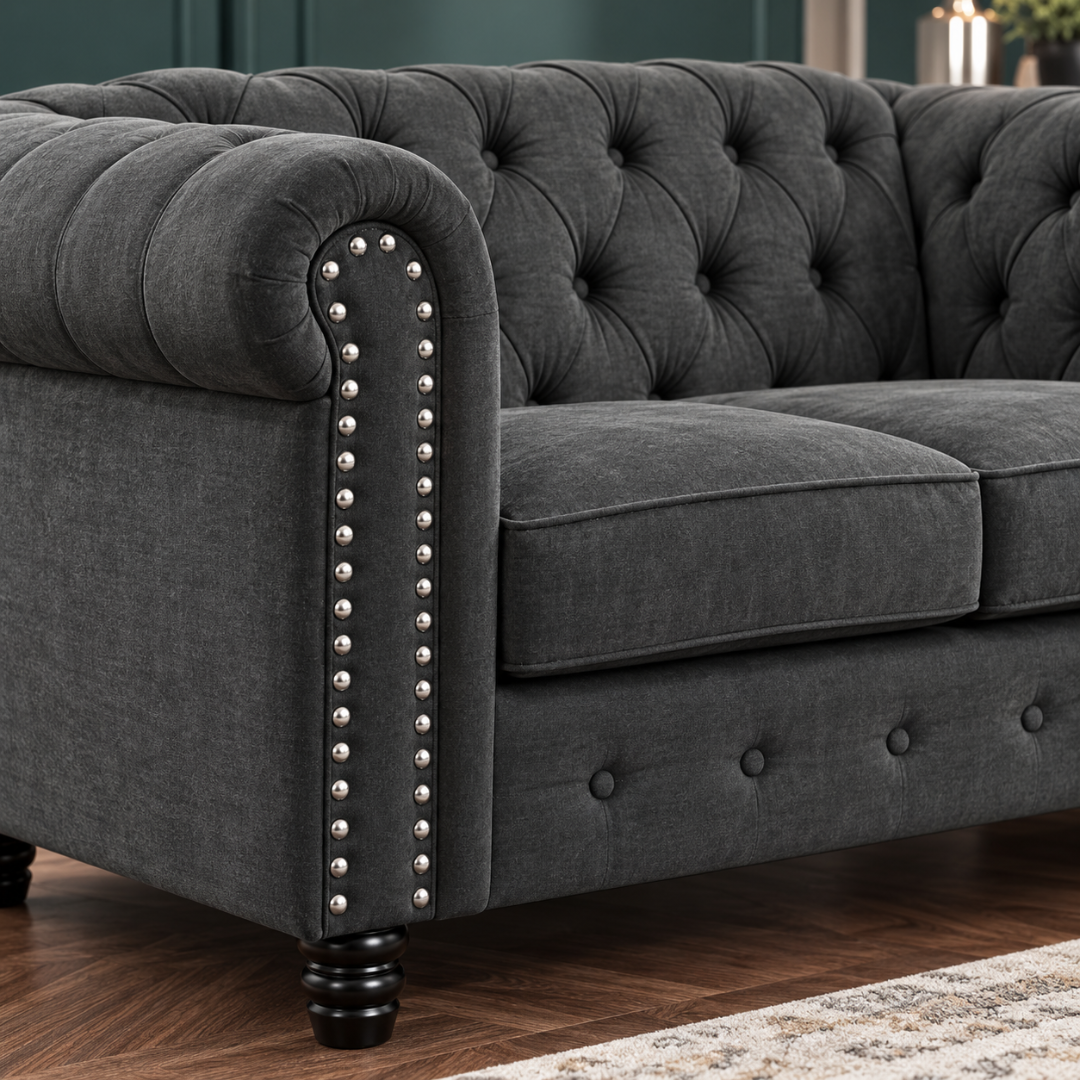 Wooden Twist Destro Chesterfield 2 Seater Sofa Dark Grey – Rolled Arm Close-Up