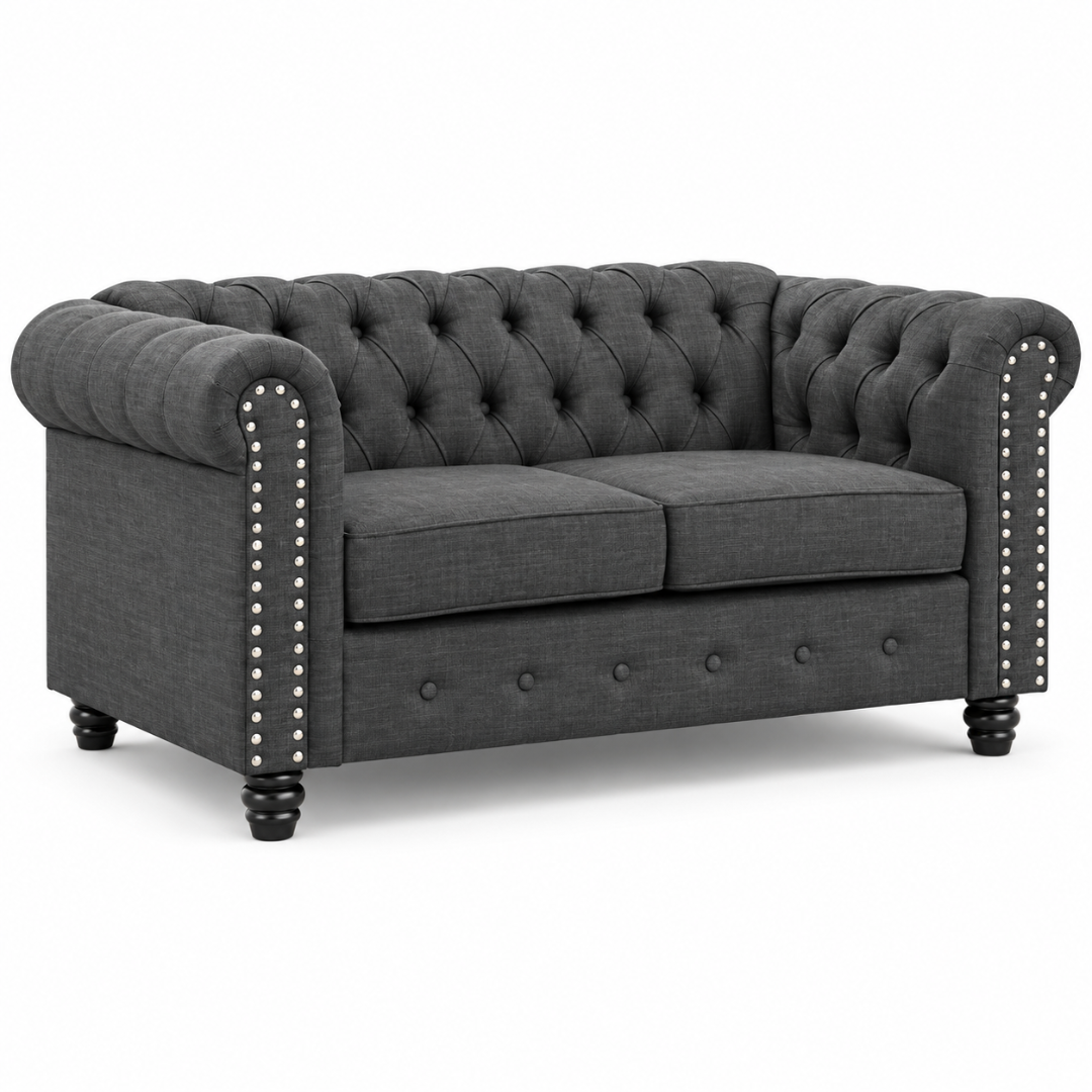 Wooden Twist Destro Chesterfield 2 Seater Sofa Dark Grey – Front View