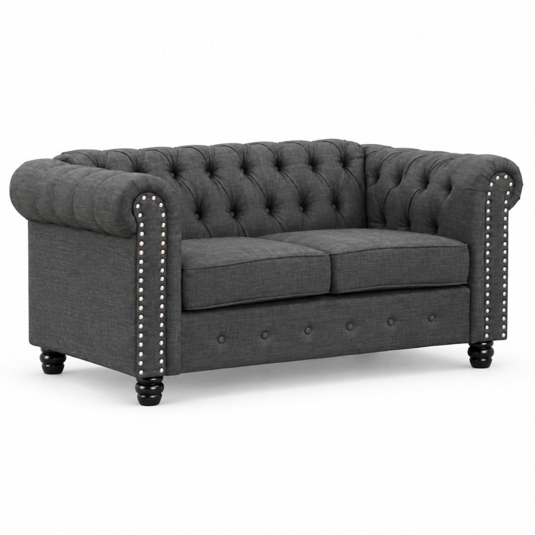 Wooden Twist Destro Chesterfield 2 Seater Sofa Dark Grey – Front View Straight On
