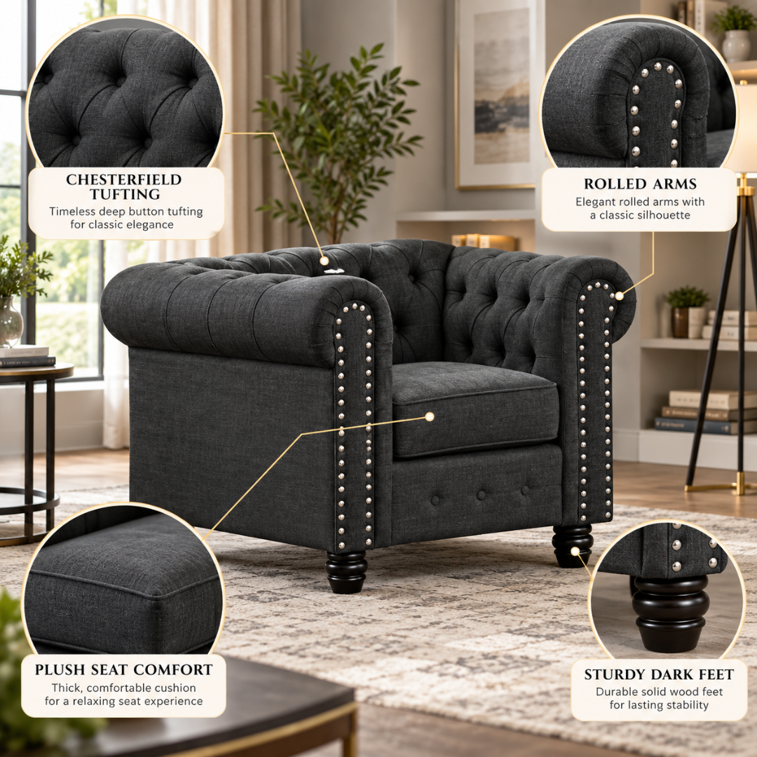 Wooden Twist Destro Chesterfield 1 Seater Armchair Dark Grey – Key Features