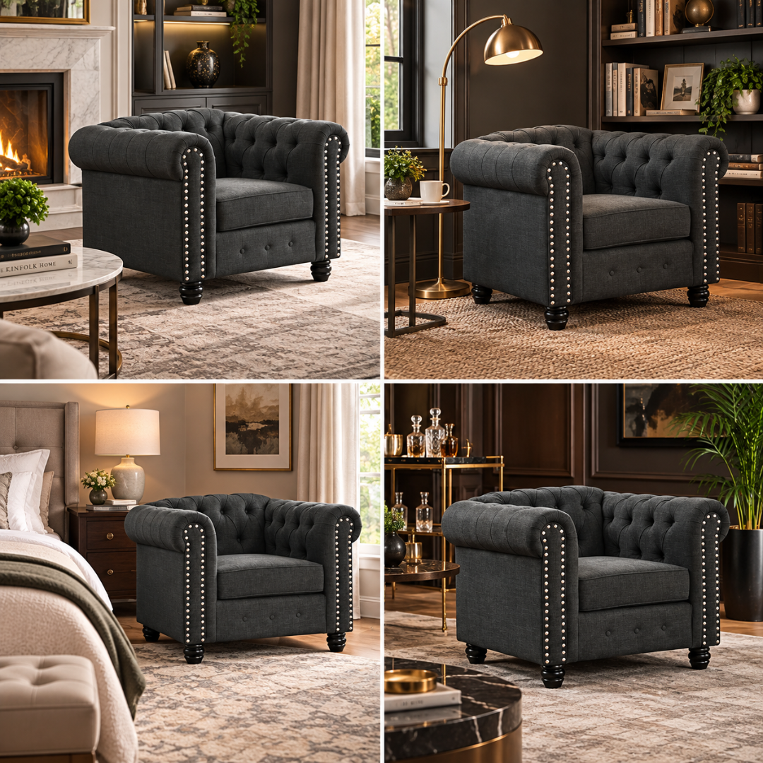 Wooden Twist Destro Chesterfield 1 Seater Armchair Dark Grey – Room Styling Ideas