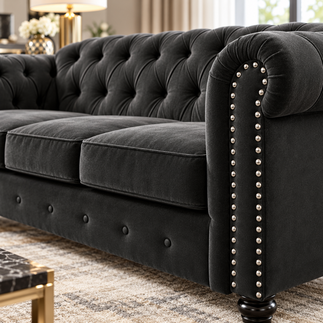 Wooden Twist Destro Chesterfield 3 Seater Sofa Dark Grey – Tufting & Nailhead Close-Up