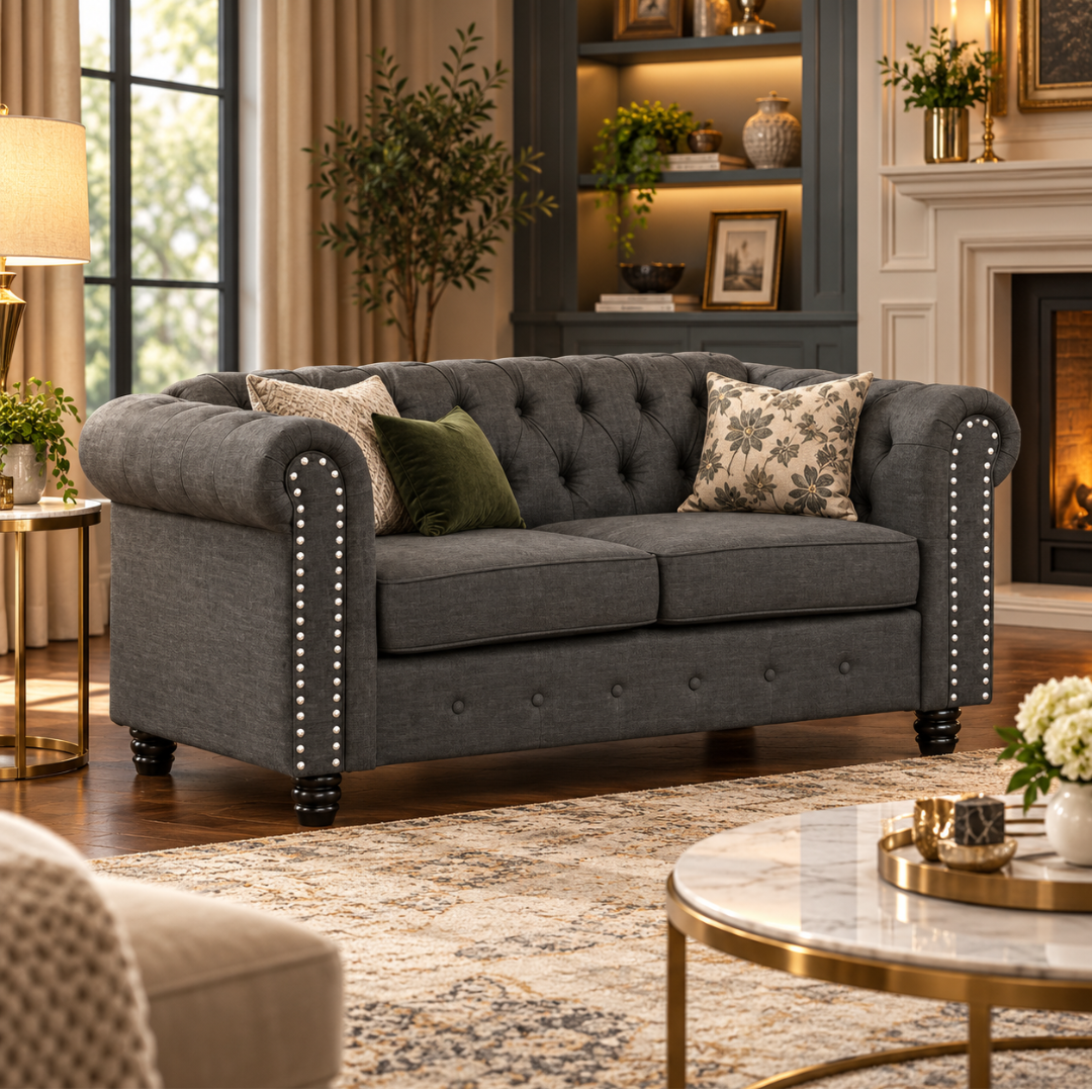 Wooden Twist Destro Chesterfield 2 Seater Sofa Dark Grey – Living Room