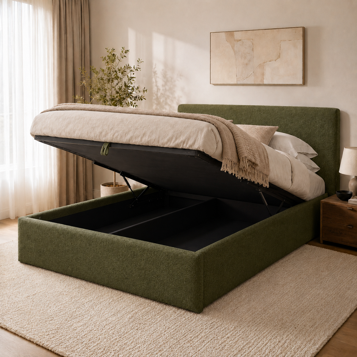 Wooden Twist Marlo Olive Green Boucle Upholstered Hydraulic Storage Bed with Lift-Up Storage