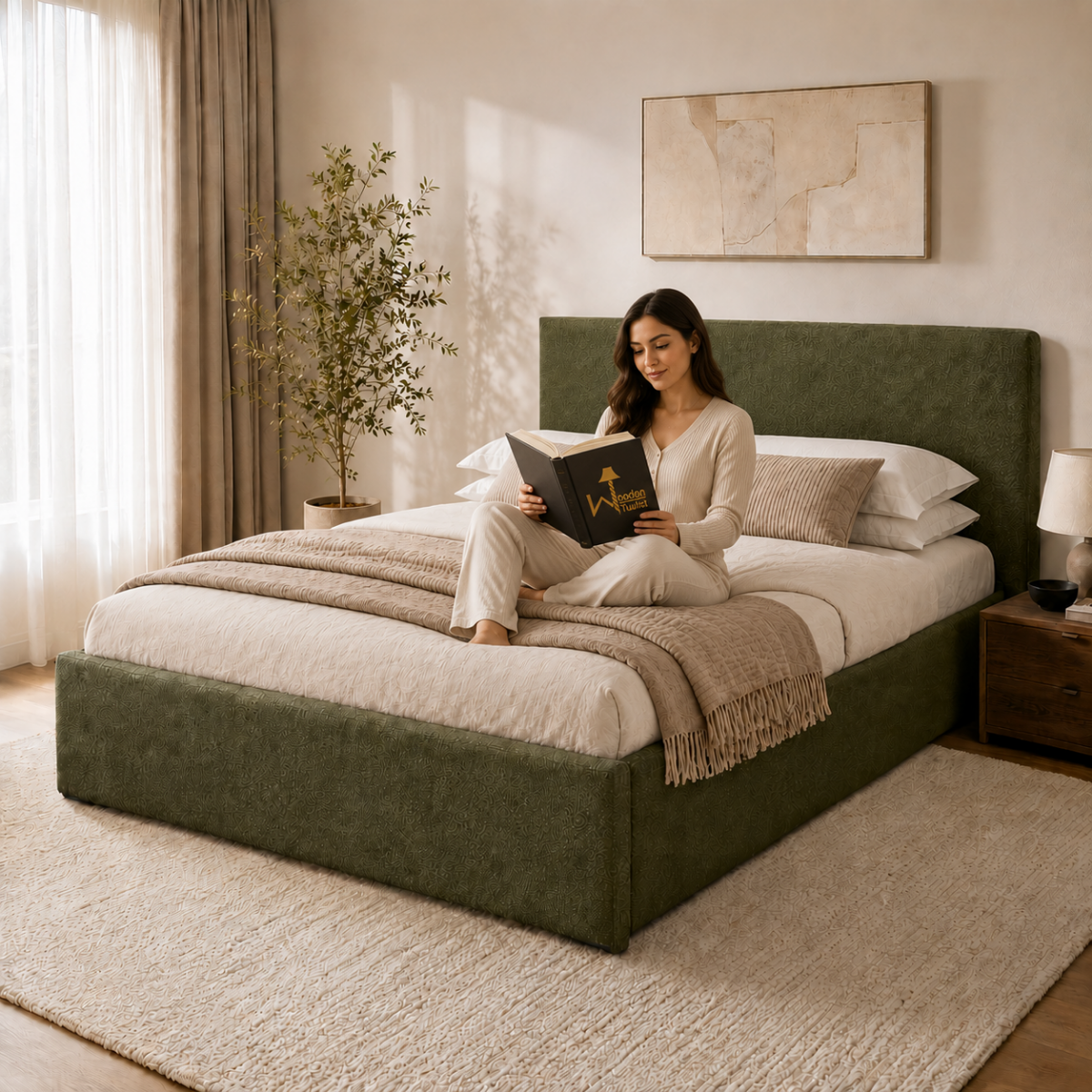 Wooden Twist Marlo Olive Green Boucle Upholstered Hydraulic Storage Bed with Lift-Up Storage