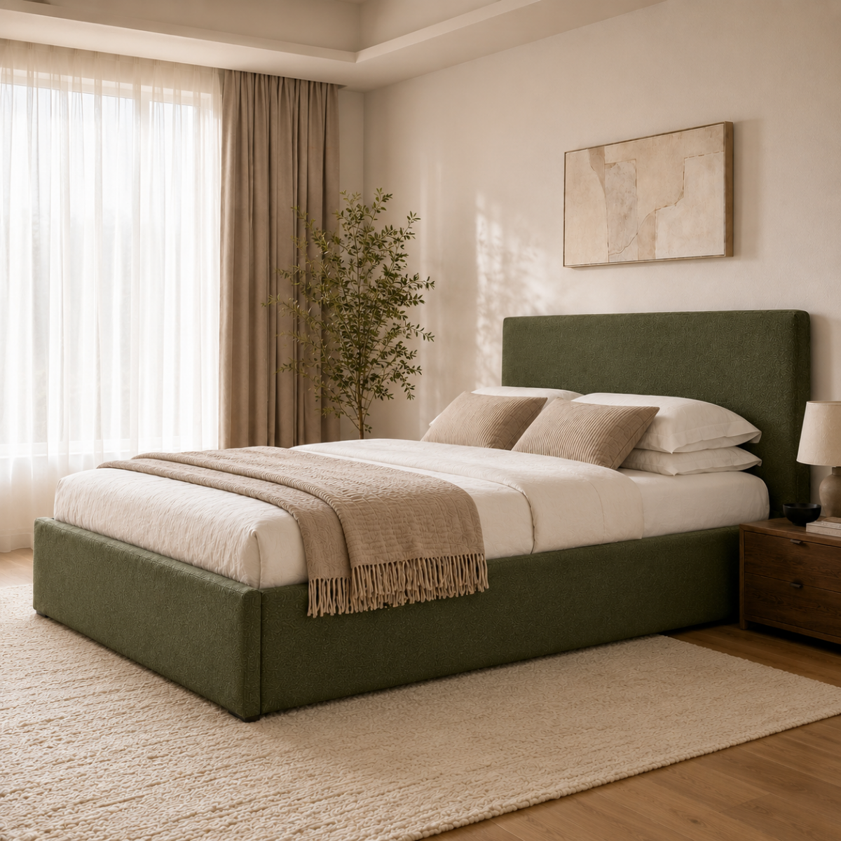 Wooden Twist Marlo Olive Green Boucle Upholstered Hydraulic Storage Bed with Lift-Up Storage