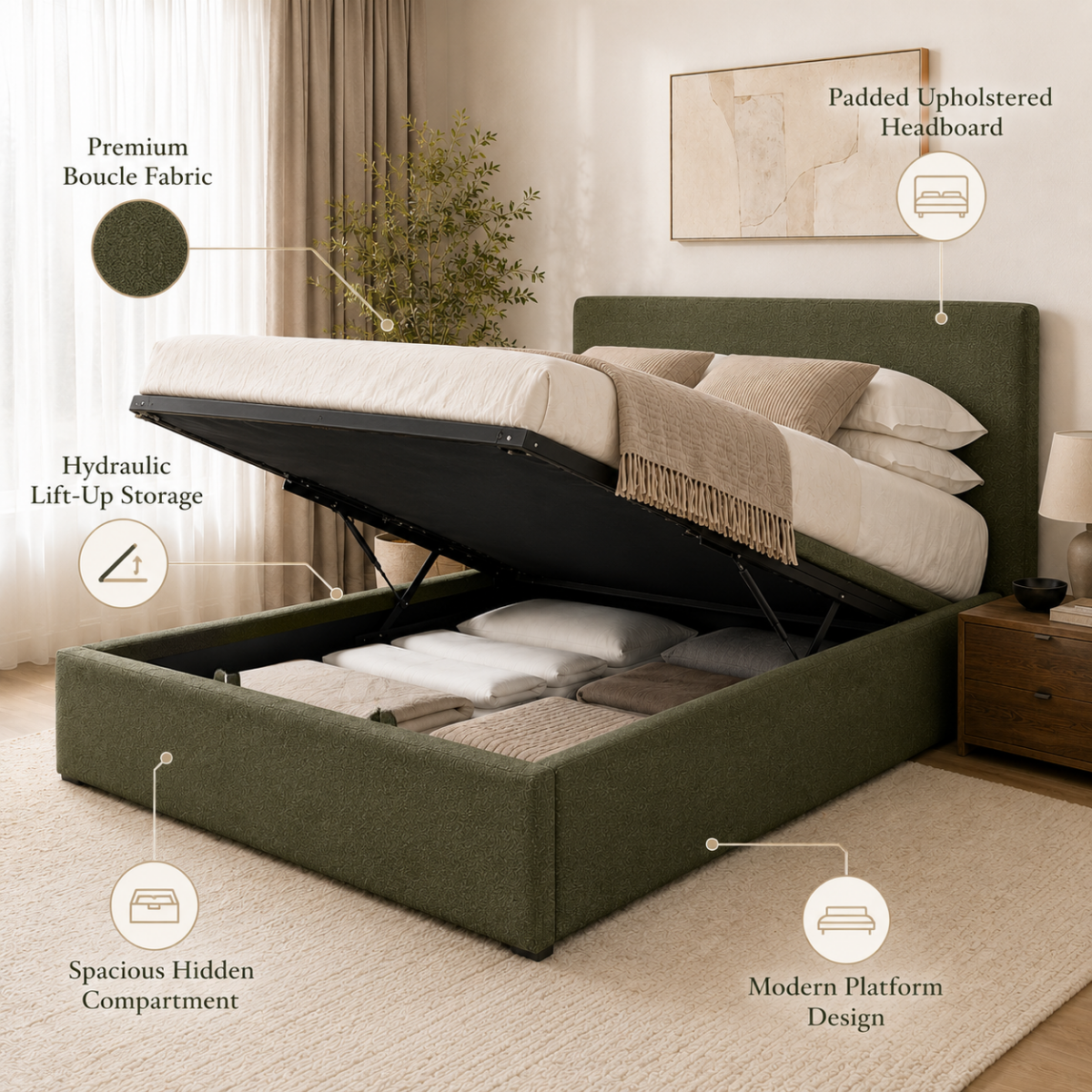 Wooden Twist Marlo Olive Green Boucle Upholstered Hydraulic Storage Bed with Lift-Up Storage