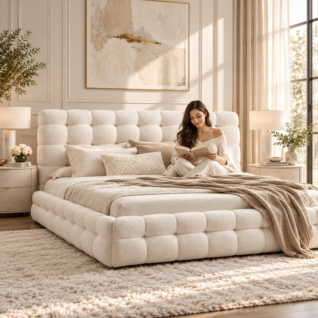 Wooden Twist Elegance Chunky Tufted Boucle Bed Beige – woman relaxing on bed