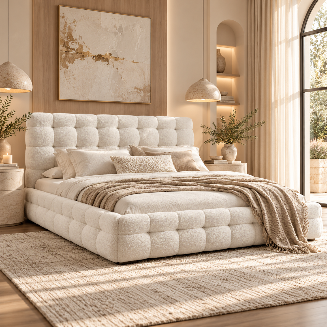 Wooden Twist Elegance Chunky Tufted Boucle Bed Beige – luxury bedroom